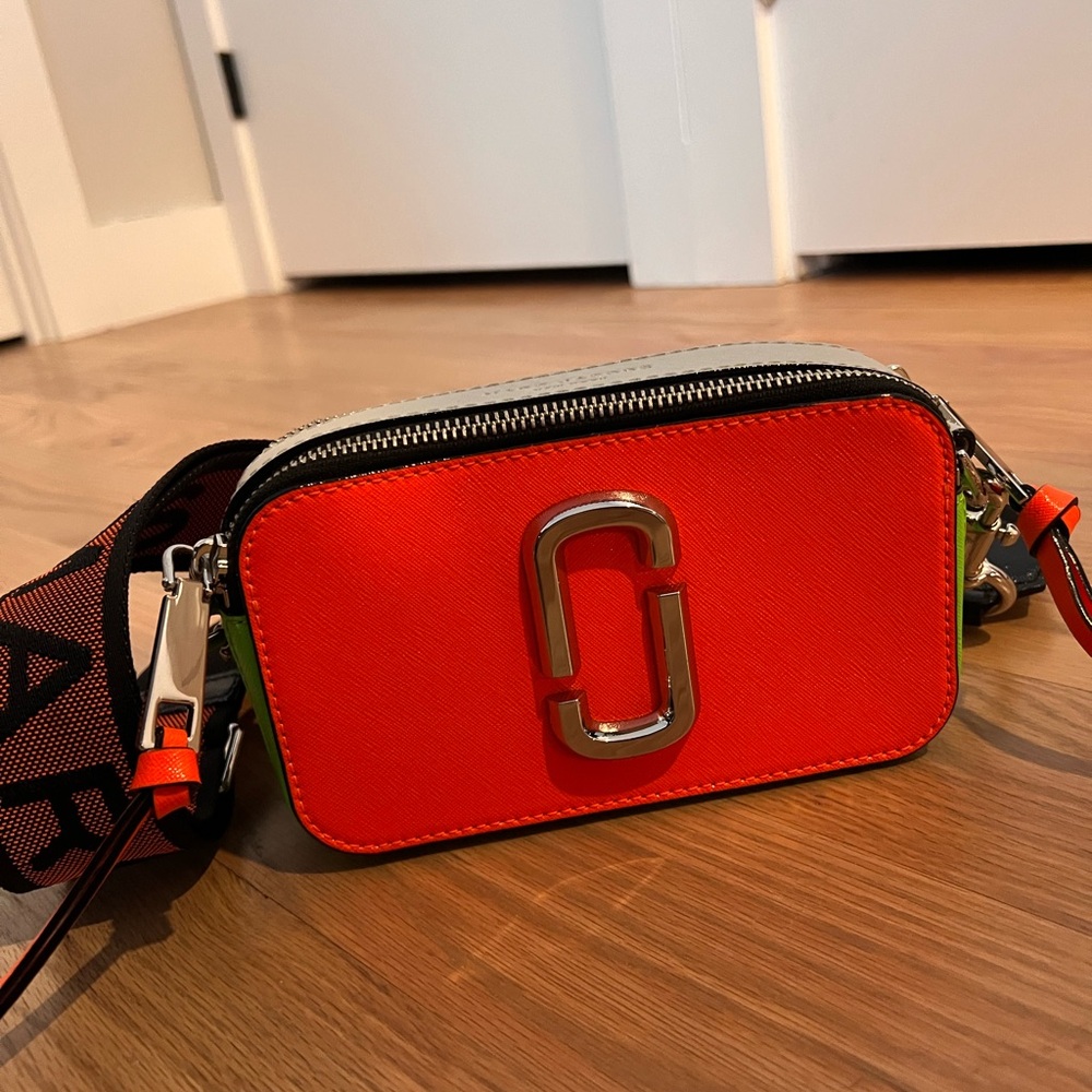 Marc Jacobs Neon Orange Camera Crossbody with Green Trim